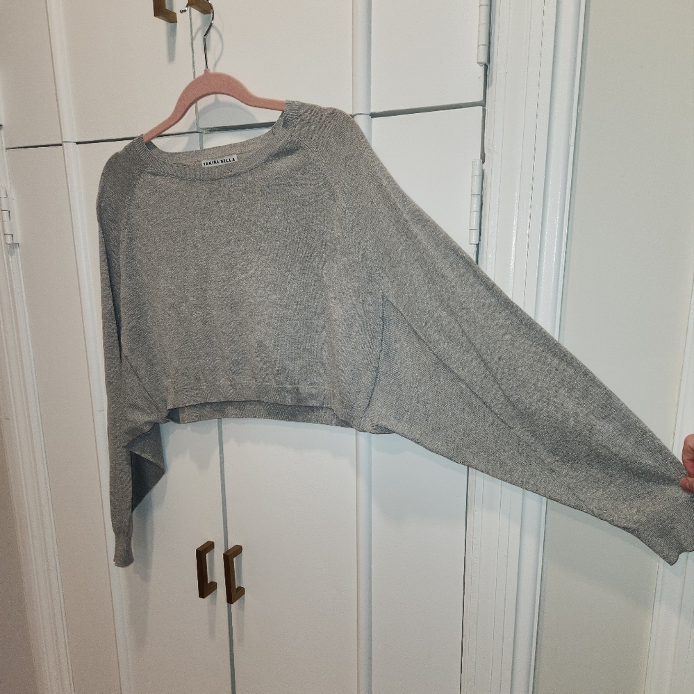 Yakira Bella, fine knit, cropped, bat wing gray sweater, subtle metallic shimmer